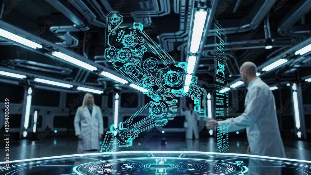 Poster robotics development in high-tech lab with scientists working on advanced machinery and holographic 