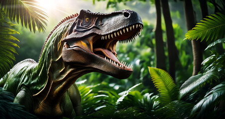 Close-up of a carnivorous Tyrannosaurus Rex dinosaur roaring in a jurassic forest. Extinct animal that lived in the Cretaceous period. Generative Ai.