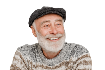 senior man with kind face smiling warmly wearing cap and cozy sweater isolated on transparent white background