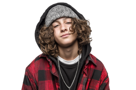young man with curly hair wearing hoodie, beanie and red shirt isolated on transparent white background