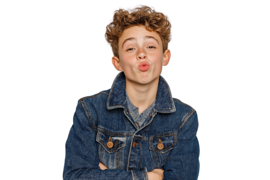  young boy puckering his lips and giving kiss isolated on transparent white background