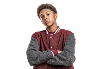  young person confidently posing with arms crossed isolated on transparent white background