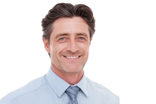 smiling person wearing shirt and tie isolated on transparent white background