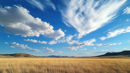 Obraz premium vast landscape featuring golden grasslands under bright blue sky adorned with fluffy white clouds, creating serene and peaceful atmosphere