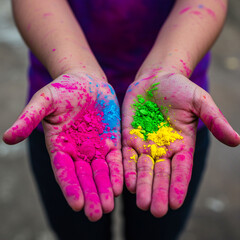 Close-Up of Hands Covered in Colorful Holi Powder - Celebrating the Spring Festival