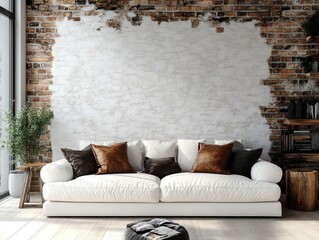 Contemporary Living Room Design Industrial Loft Aesthetic Cozy Sofa Textured Walls Wooden Furniture