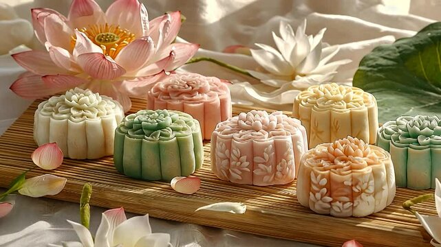 snow skin mooncakes with pastel colors video chinese sweets