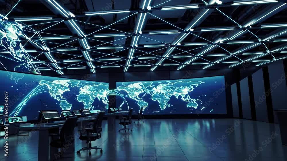 Fototapete high-tech control room showcasing global network operations with interactive displays