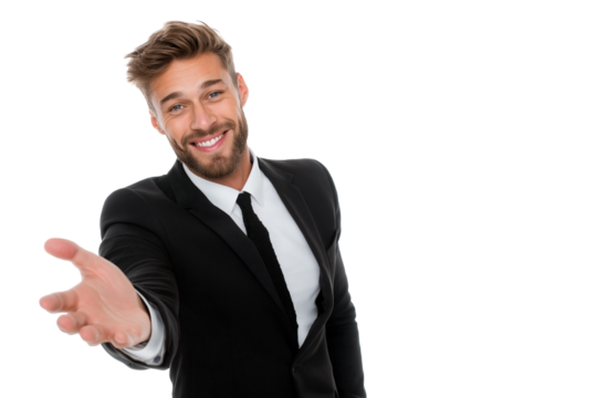 businessman extends his hand in welcoming gesture isolated on transparent white background