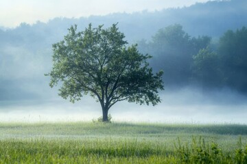 Fototapeta premium Solitary Tree in Misty Meadow - A single tree stands alone in a misty meadow, symbolizing peace, solitude, resilience, hope