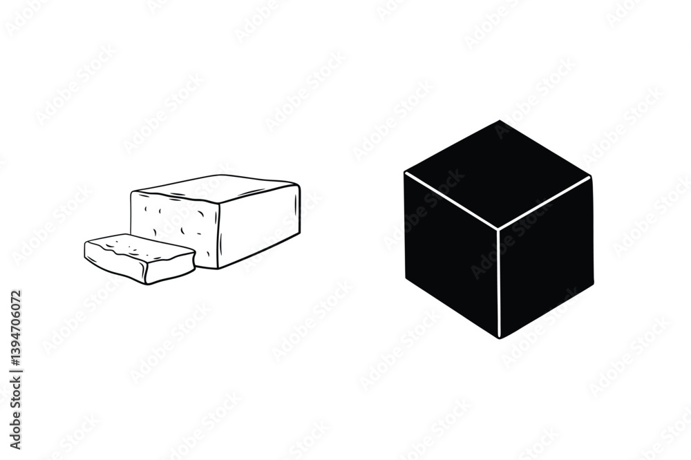 Poster hand drawn cuboid shape with a slice and a solid cube isolated