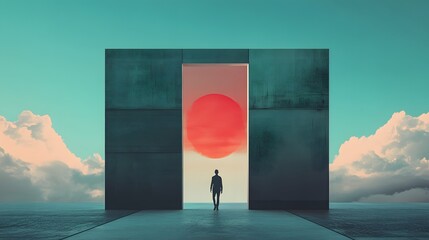 Man Walking Through Gate to Abstract Sunset