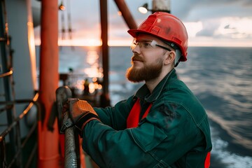 A man in a red helmet and safety glasses stands on a boat