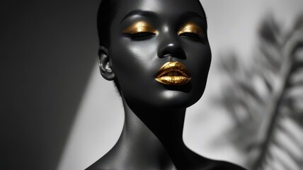 A woman with gold lips and blue eyes