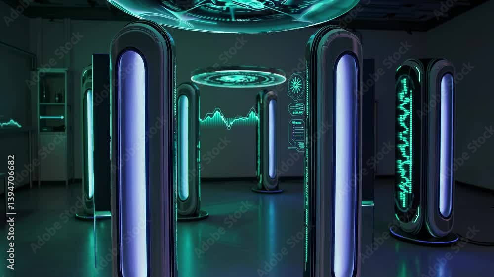Aufkleber explore futuristic technology in a neon-lit exhibition space filled with interactive displays and ad