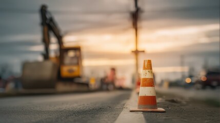 A traffic cone on the road in front of an under-construction street, with a blurred background