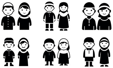 Muslim Kids Silhouette Icon Set – Islamic Boy and Girl Vector Illustrations in Traditional Eid Clothing