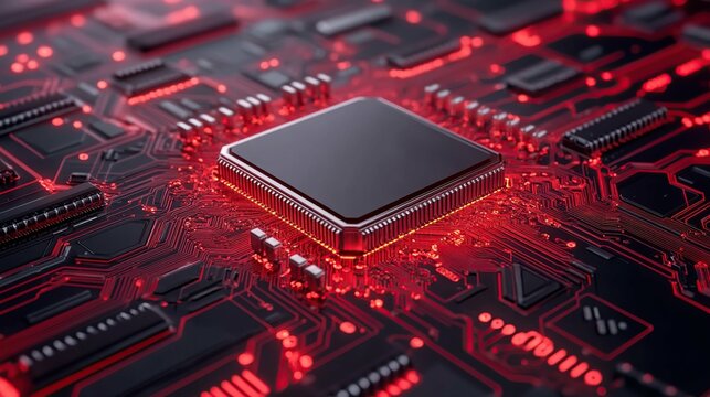 Close-up of a central processing unit (CPU) on a glowing red circuit board, showcasing intricate technological details.