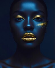A woman with gold lips and blue eyes