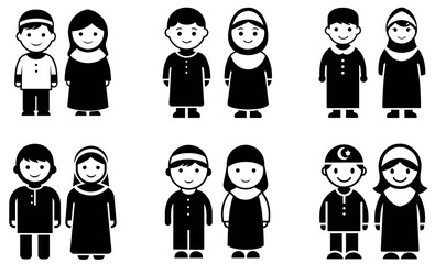 Muslim Kids Silhouette Icon Set – Islamic Boy and Girl Vector Illustrations in Traditional Eid Clothing