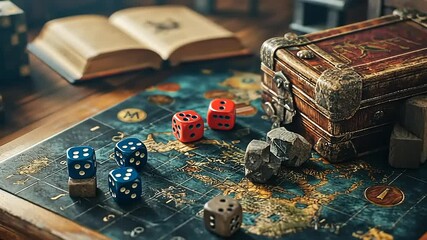 A captivating tabletop scene featuring a vintage treasure map, dice, and an ornate chest, with an open book in the background