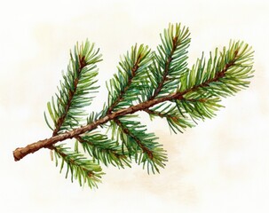 Watercolor Botanical Illustration of Larch Tree Branch with Soft Pastel Background