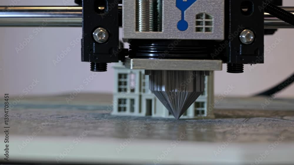 Poster 3d printing process demonstrated in workshop with detailed close-up of printer nozzle