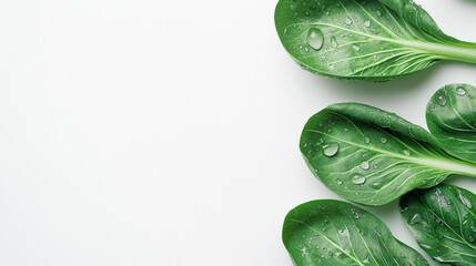Obraz premium Several fresh bok choy with water droplets, arranged neatly in the bottom right corner on a clean white background