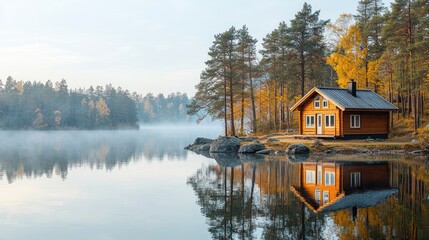 Obraz premium Lakeside cabin in autumn mist
