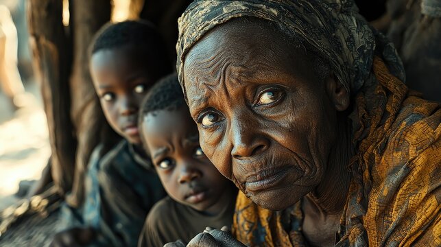 Elderly woman and children in a rural setting,  a poignant portrait of hardship