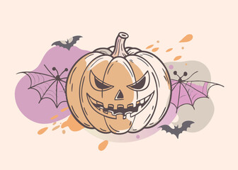 Spooky Halloween Pumpkin Illustration with Bats and Spiders