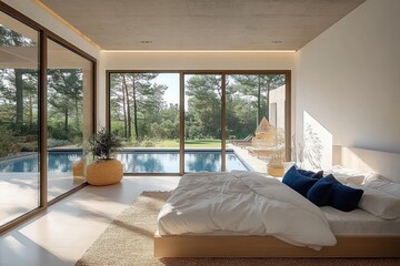 Modern minimalist bedroom with large glass doors opening to poolside view in Scandinavian style