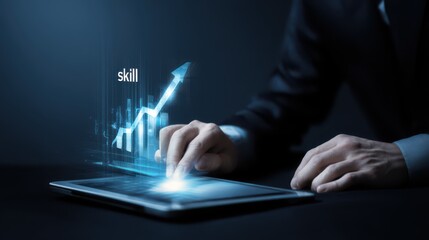 Businessman using a laptop and tablet with a virtual screen showing a growth graph, an arrow pointing up