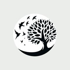 A tree logo with birds flying with white background 