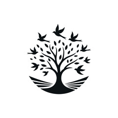 A tree logo with birds flying with white background 