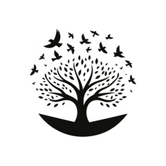 A tree logo with birds flying with white background 
