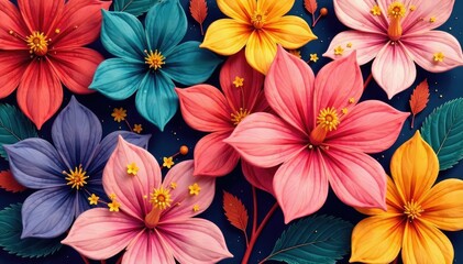 Bold stylized blossoms arranged in a square tessellation , artwork, plant, background