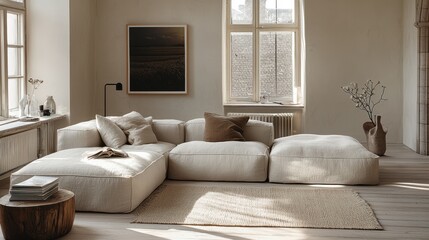 Obraz premium Beige living room with sectional sofa