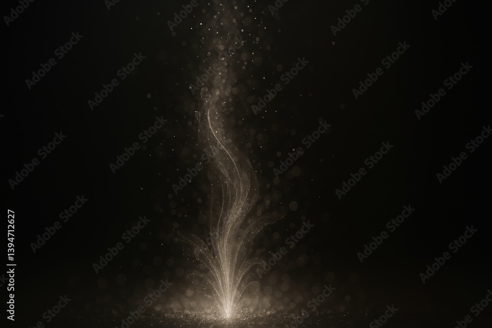 Poster golden particles swirling upwards from a luminous source on a dark background, creating an ethereal 