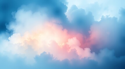 Obraz premium Soft and dramatic sky with dark blue and gray clouds surrounding a warm, glowing center of pink and light yellow.