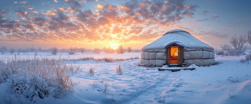 Sunrise over a yurt in a snowy landscape