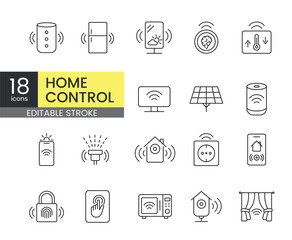 Set of 18 smart home control icons including appliances, security, lighting, and automation tools for mobile apps and IoT home systems