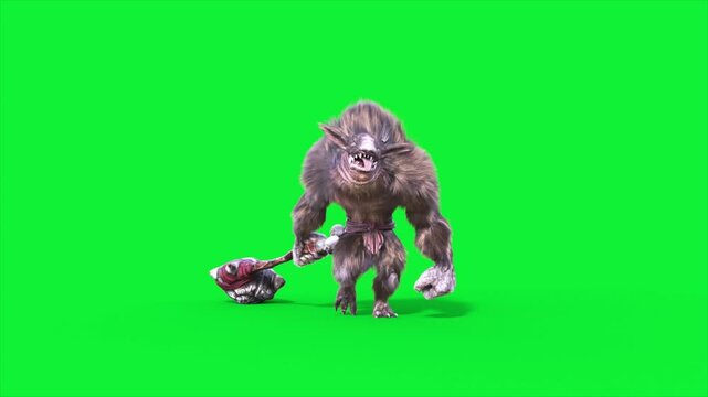 Green Screen Humanoid Rat Monster Walks Front Fur 3D Animation Rendering CGI 4K