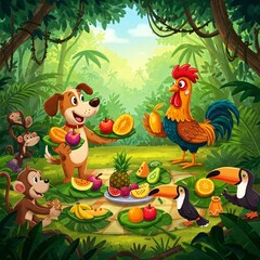Cartoon dog and rooster host jungle picnic, serving fruit on leaves while wind rustles trees and jungle animals gather happily to eat together.