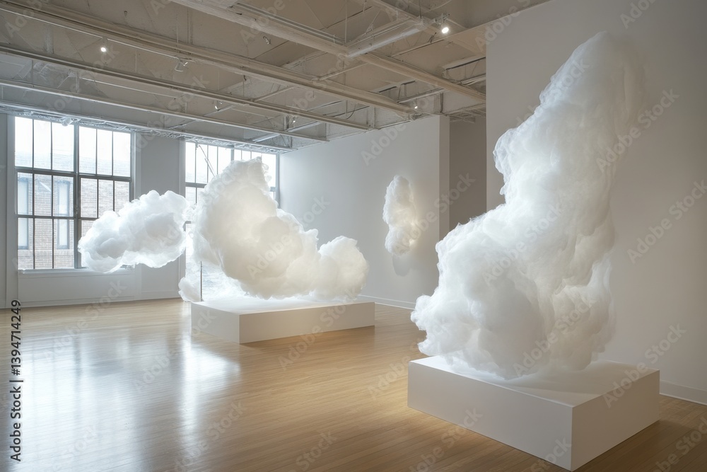 Poster ethereal cloud installation captivates visitors in a bright art gallery setting