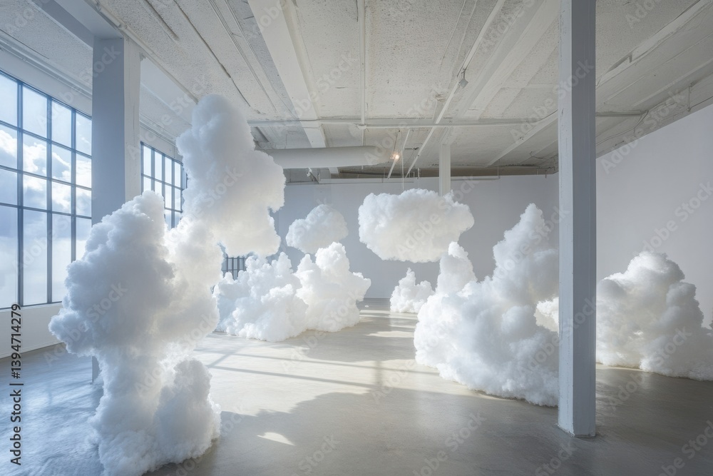 Poster fluffy cloud-like sculptures create an imaginative atmosphere in a bright exhibition space