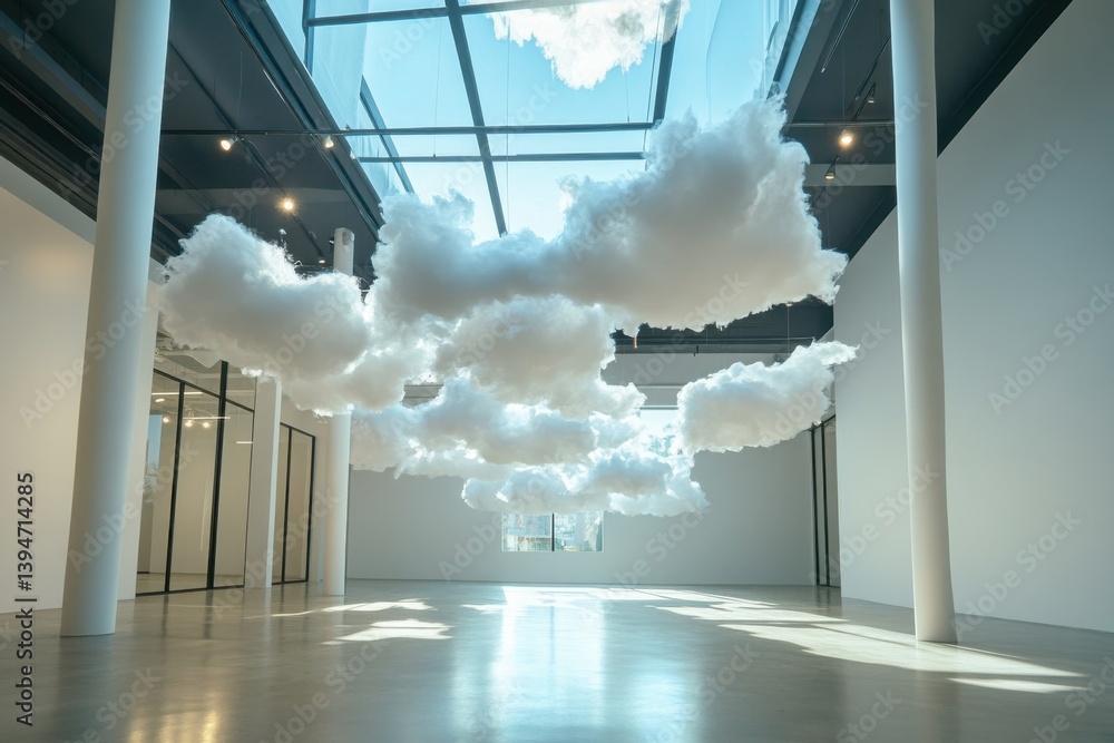 Poster innovative cloud-inspired art installation transforms gallery into airy visual experience with natur