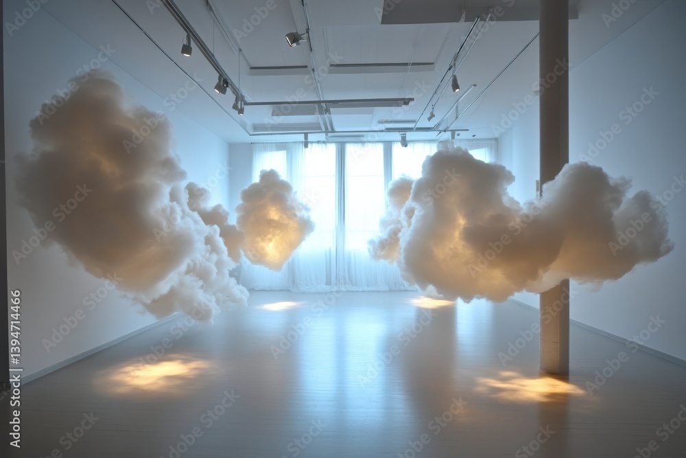 Aufkleber innovative art installation featuring fluffy cloud-like structures illuminating a gallery filled wit