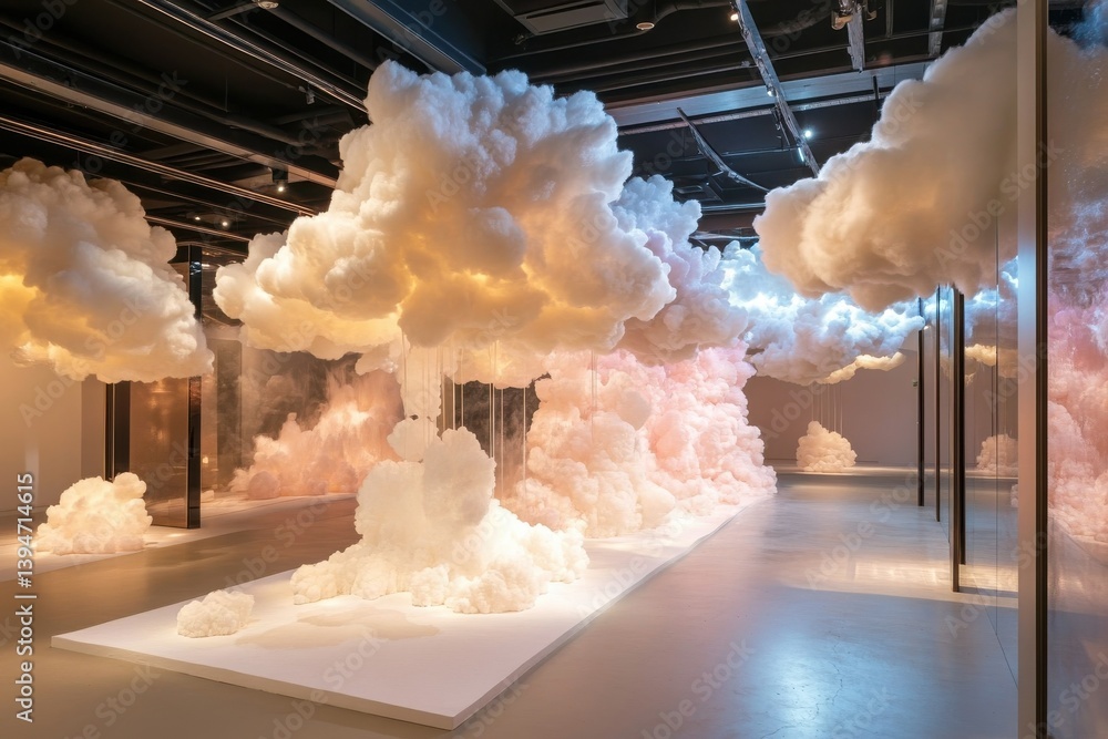 Poster fluffy cloud-like sculptures create an immersive experience in an illuminated exhibition space