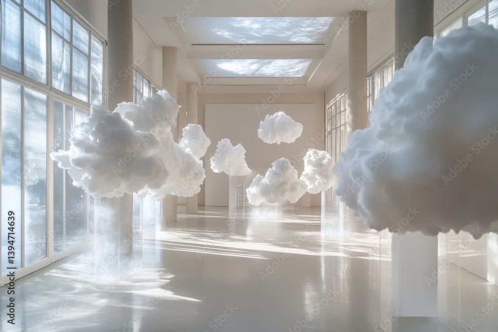 Aufkleber Mesmerizing art display features delicate cloud-like sculptures in a bright, spacious environment filled with natural light